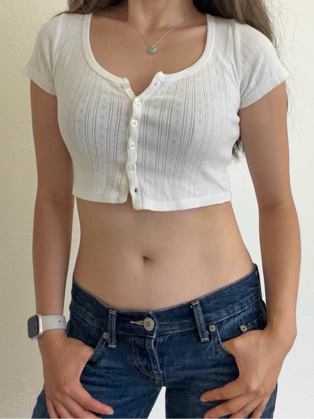 Brandy Melville White Ribbed Button-Front Crop Top